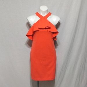 Trina Turk Orange Coral Cold Shoulder Halter Ruffle Cocktail Dress 2 Statement